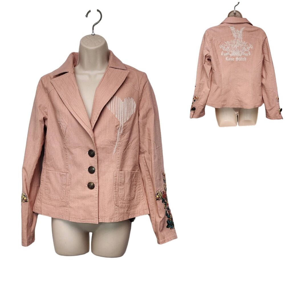Love Stitch Embroidered Design Blazer Jacket Junior Size L Multicolor Pink